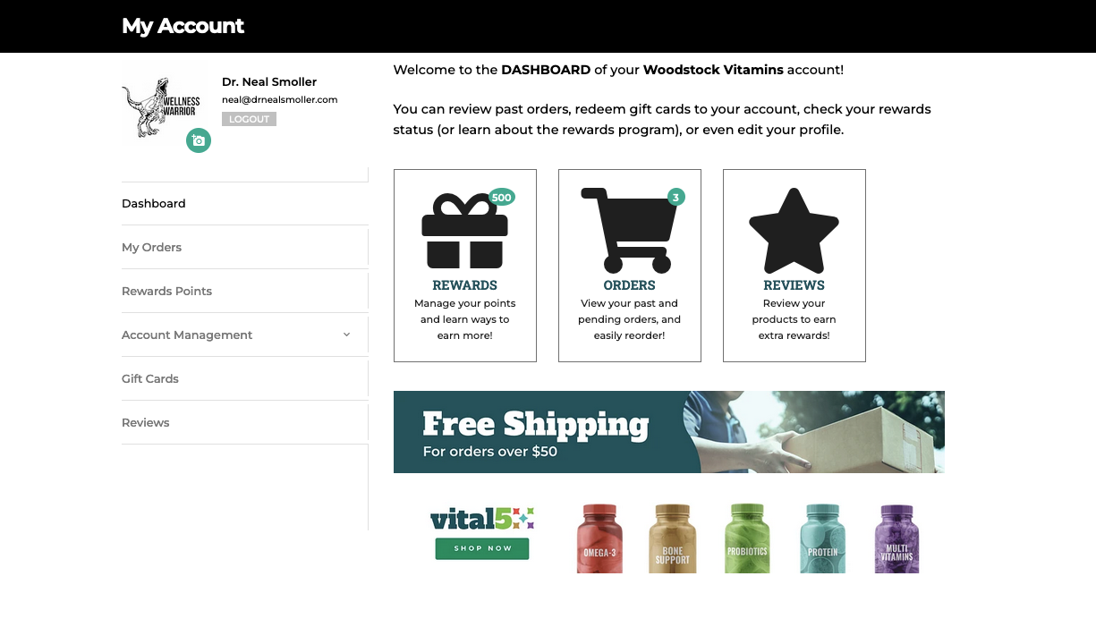 Woodstock Vitamins website page, "Update my account settings."